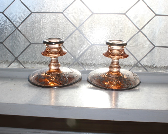 Art Deco Pink Depression Glass Candlestick Holder Pair Sterling Silver Overlay