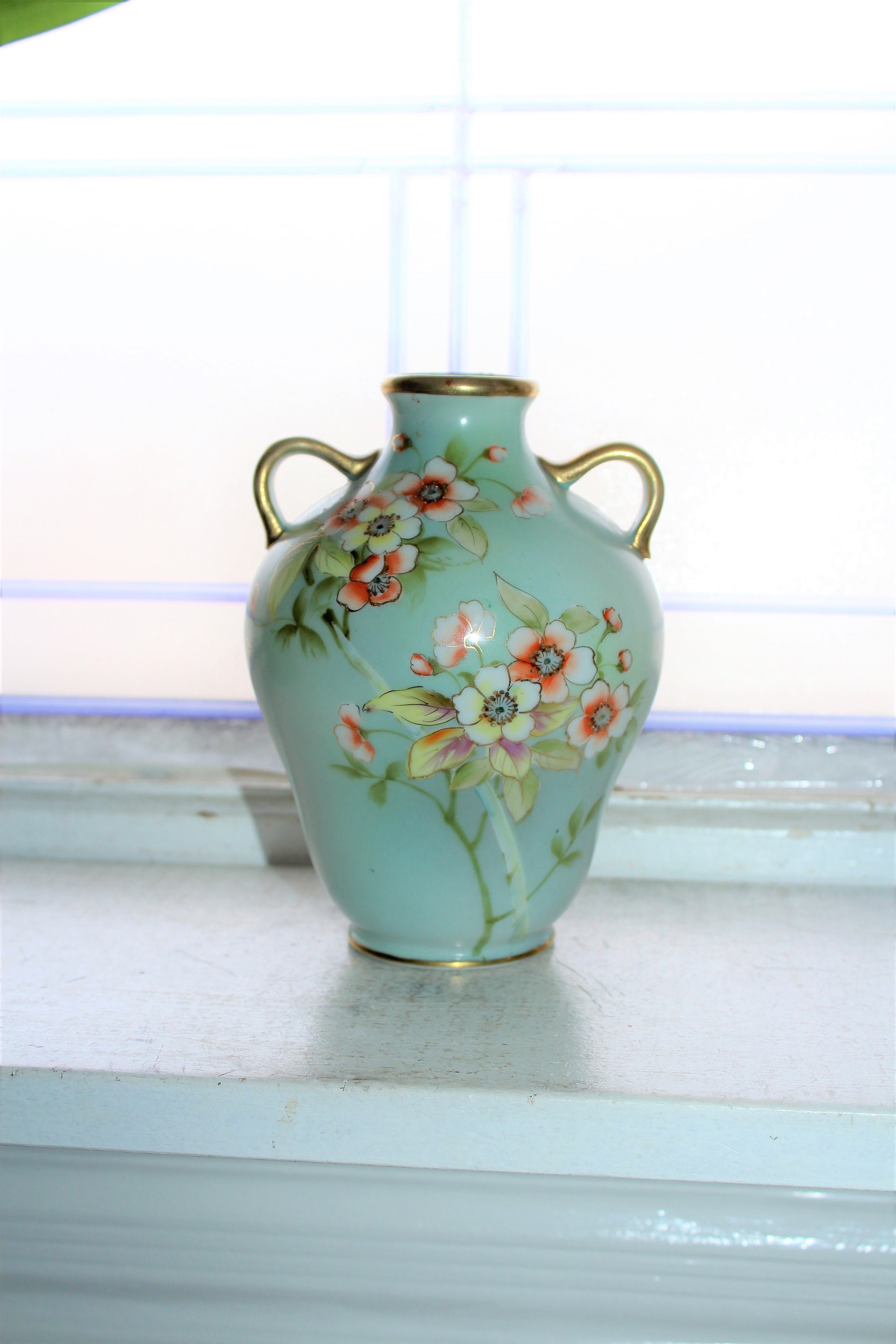 Antique Nippon Double Handled Vase Hand Painted Flowers on Pale Blue