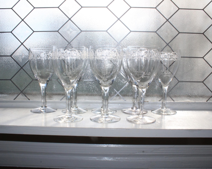 8 Art Deco Fostoria Glass Etch 212 Water or Wine Goblets Antique 1910s