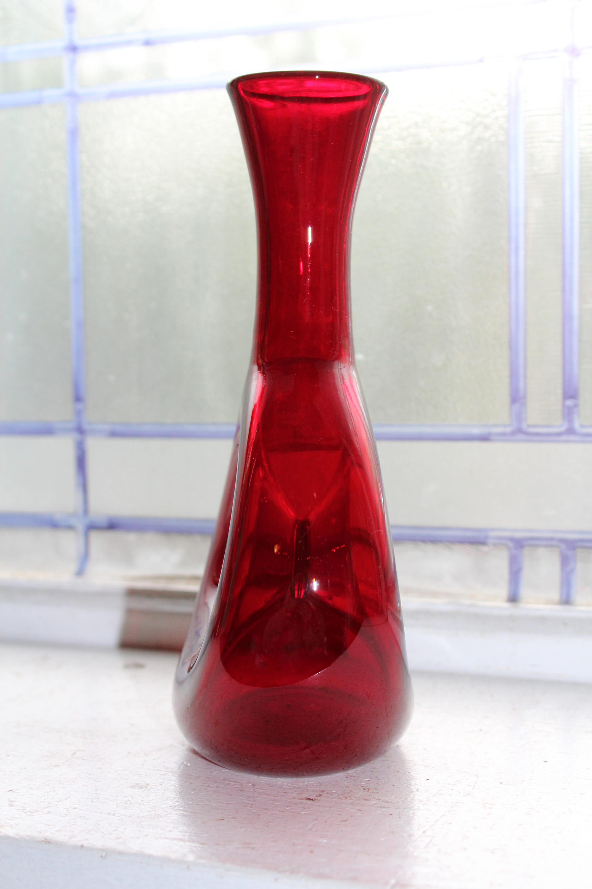 Vintage Blenko Glass Red Pinch Vase Doughnut Bottle 1950s Mid Century