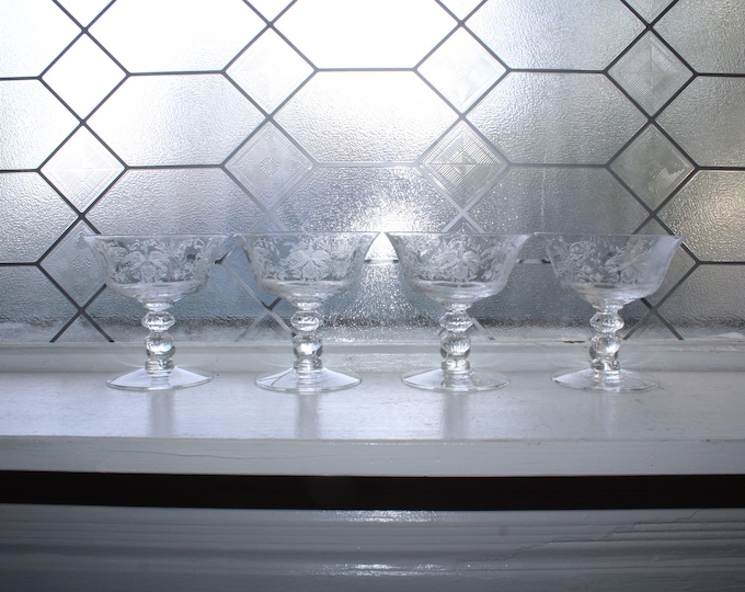 4 Vintage Heisey Orchid Etched Glass Sherbets Champagne Glasses