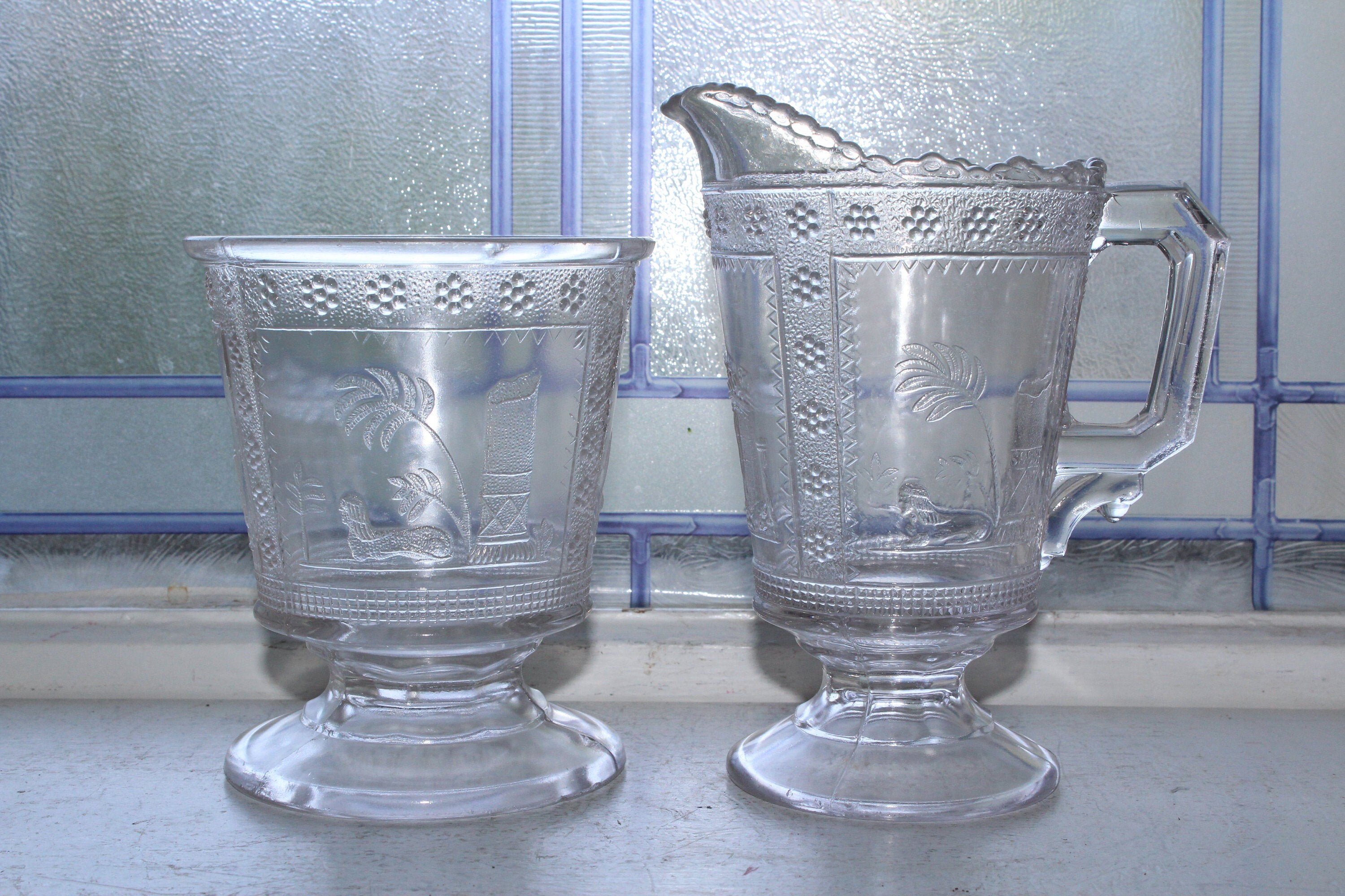 Antique EAPG Sugar Bowl and Creamer Adams Egyptian Parthenon 1880s