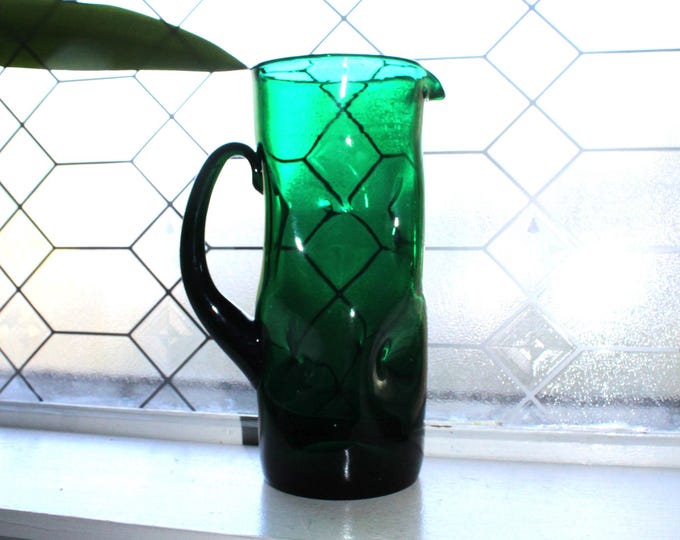 Vintage Blenko Glass Dimple Pitcher Emerald Green