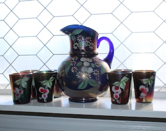 Fenton Cobalt Blue Carnival Glass Pitcher & 7 Tumblers Cherry Blossoms