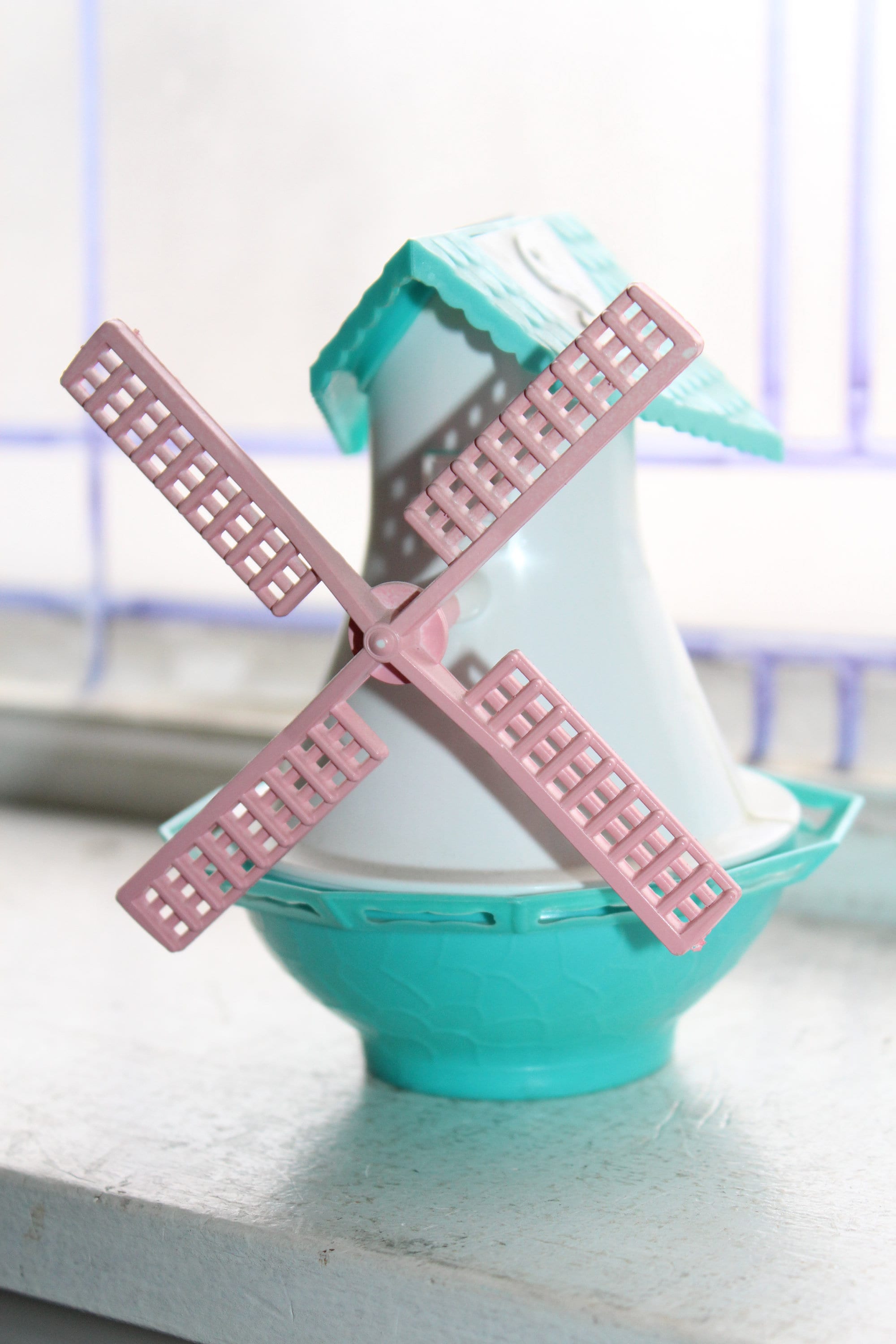 Vintage Windmill Salt and Pepper Shakers 1970s Blue Pink White Plastic