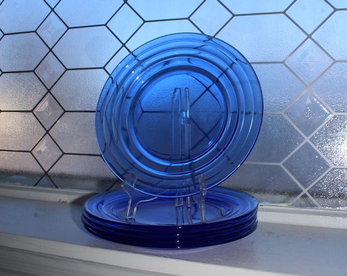 5 Vintage Art Deco Cobalt Blue Moderntone Dinner Plates 1930s Glass