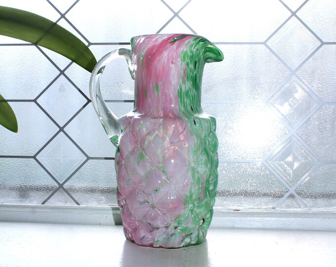 Antique Spatter End Of Day Glass Water Pitcher Quilted Pink Green