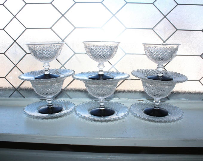 6 Westmoreland English Hobnail Sherbets with Under Plates Black Bases