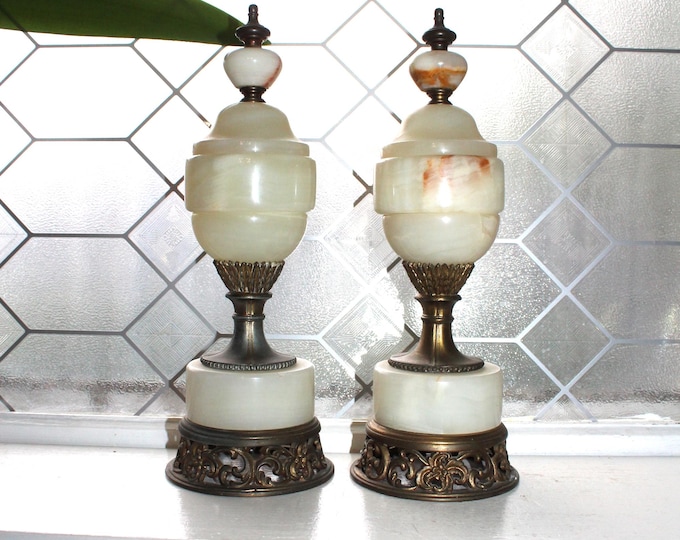 Art Deco Mantle Garnitures Pair Brass and Variegated Marble