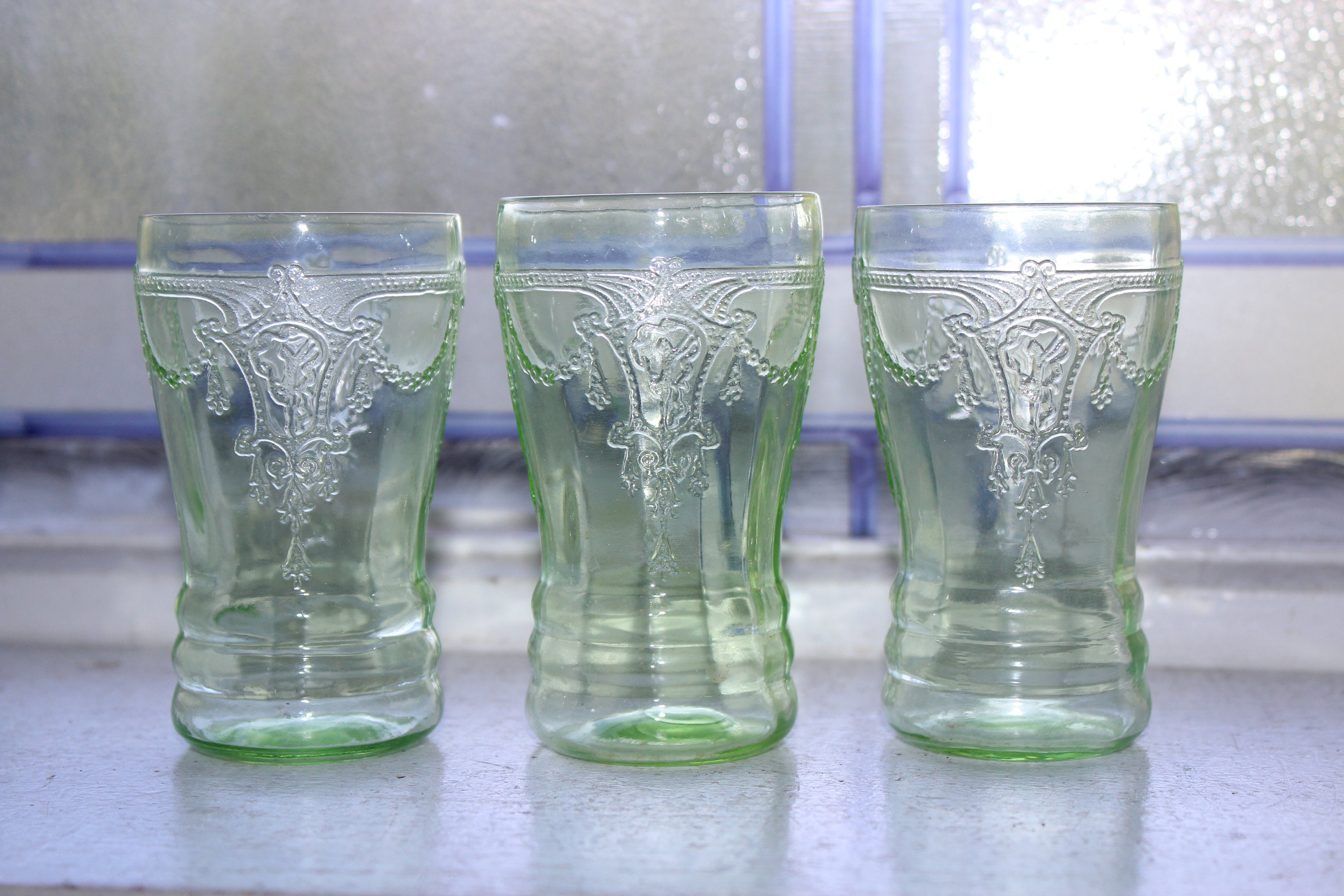 3 Green Depression Glass Juice Glasses 3 3/4 Cameo Ballerina 1930s