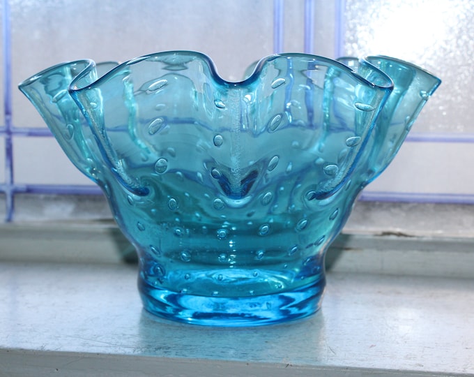 Mid Century Bischoff Glass Ruffled Blue Bowl with Controlled Bubbles