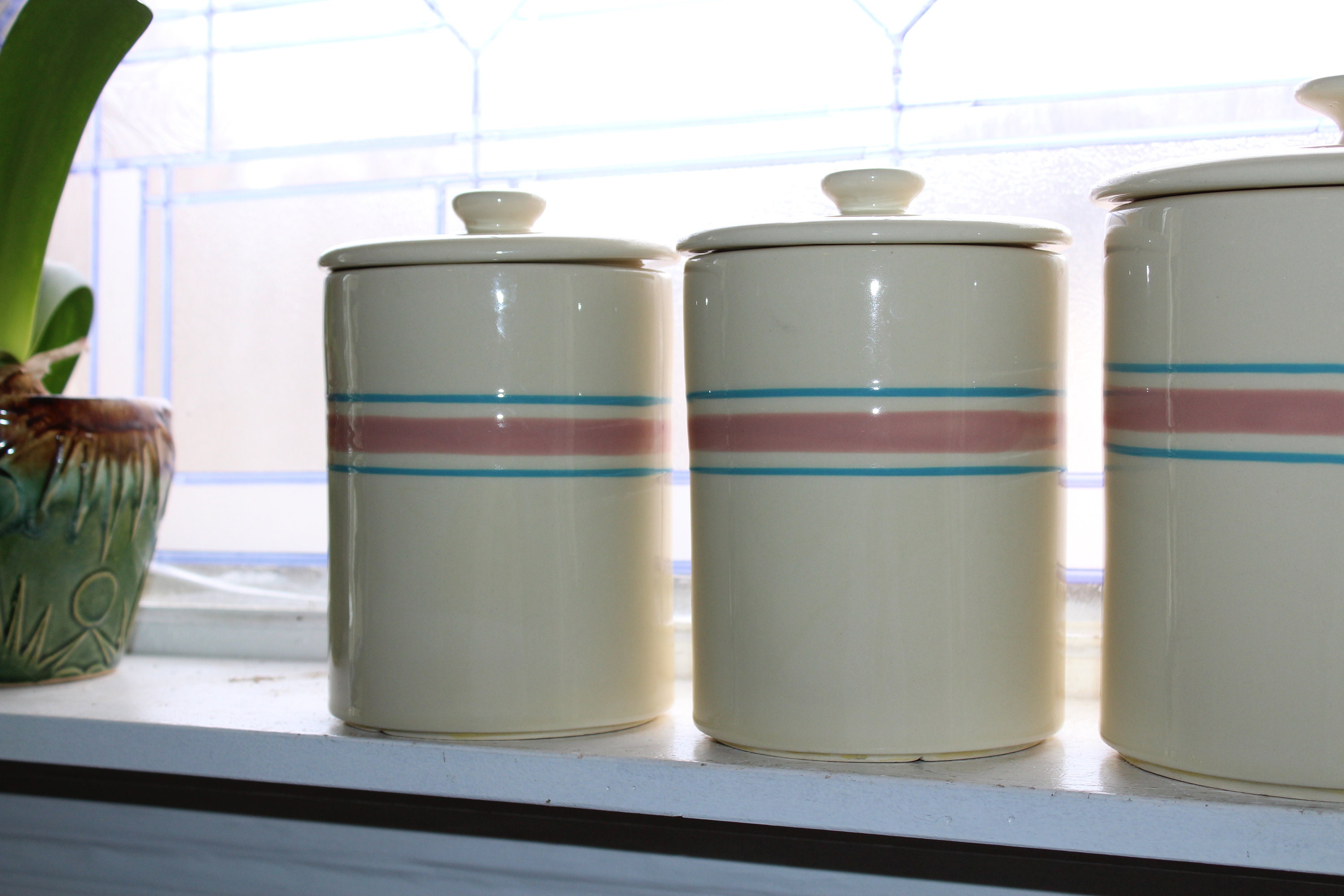 Vintage Kitchen Canister Set McCoy Stonecraft Pink and Blue Stripes