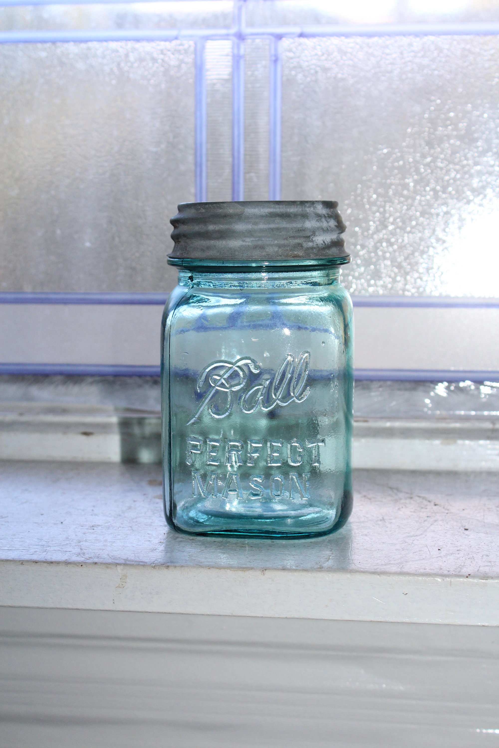 Square Blue Ball Perfect Mason Jar Pint Vintage 1923 to 1933