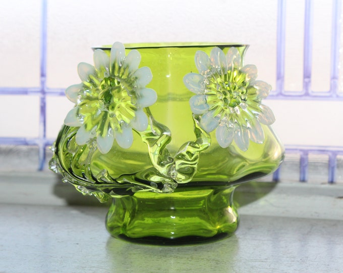 Vintage Green Czech Glass Vase with Applied White Flowers