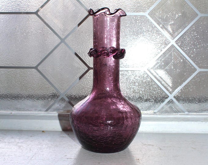 Vintage Rainbow Glass Purple Crackle Vase Mid Century Modern