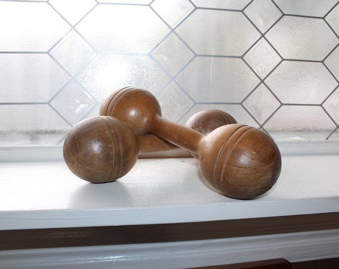 Antique Wooden Exercise Dumbbells Pair 1 Pound Size