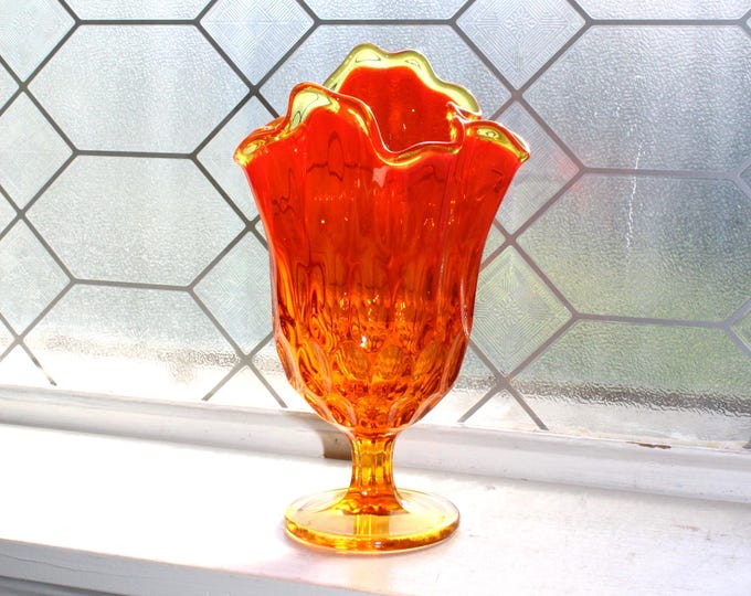 Vintage Fenton Thumbprint Orange Glass Vase Pedestal Amberina Handkerchief