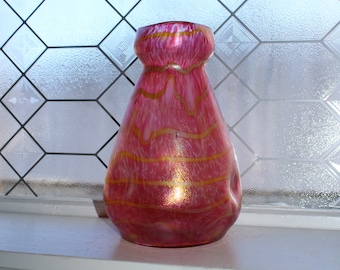 Antique Kralik Iridescent Pink Glass Vase with Yellow Spiral Waves