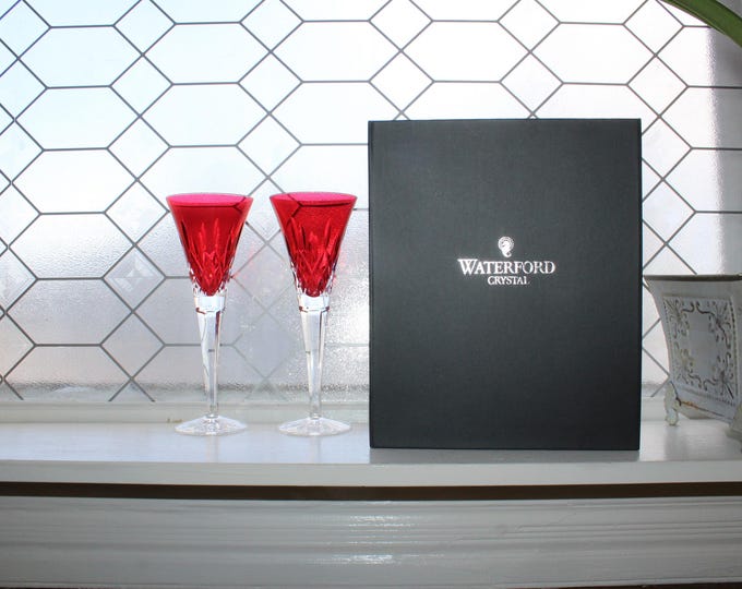 Pair of Waterford Crystal Lismore Crimson Red Champagne Toasting Flutes w/ Box