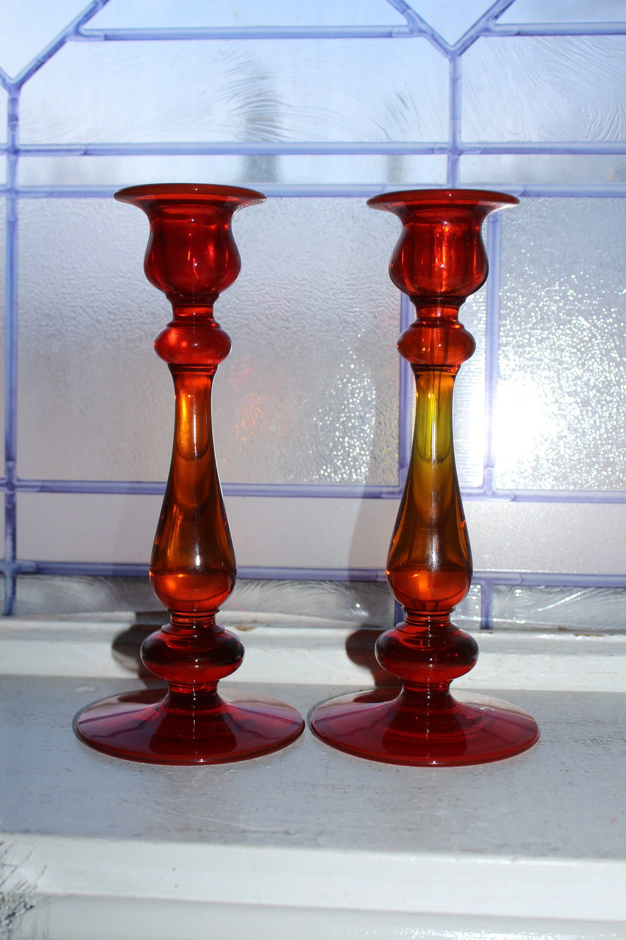 Vintage Tiffin Amberina Glass Candlestick Holder Pair