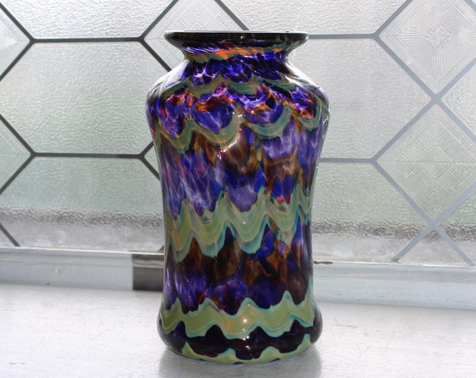 Jon Offutt Studio Art Glass Vase Purple with Yellow Green Stripes