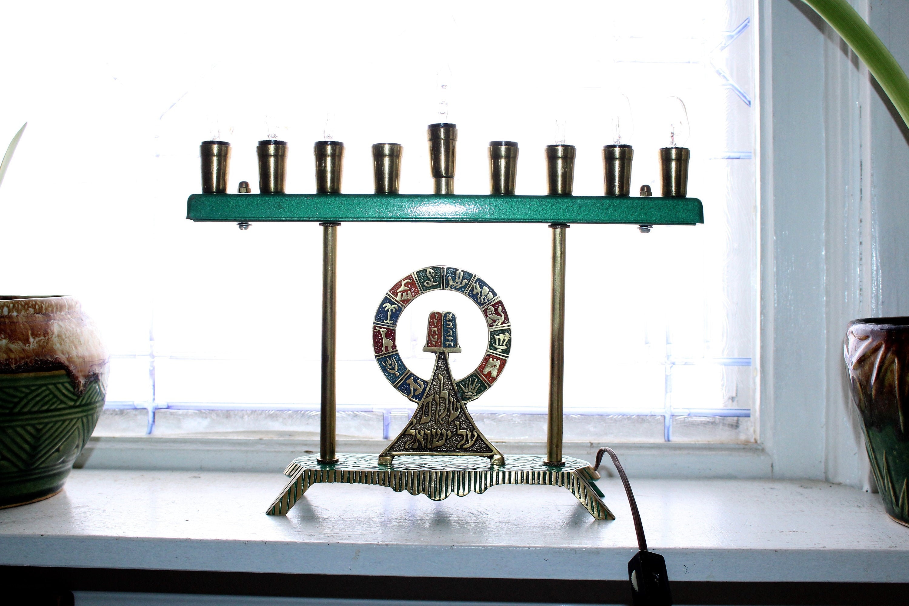Vintage Electric Jewish Menorah Made In Israel Brass and Enamel