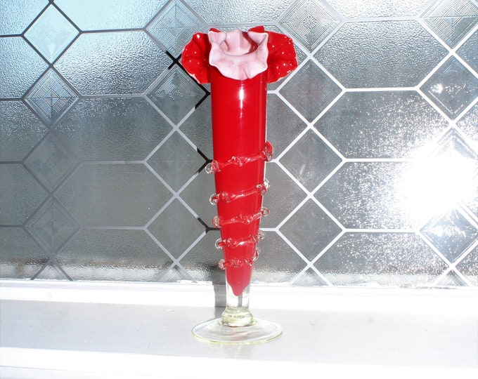 Vintage Czech Art Glass Footed Trumpet Vase Red with Applied Threads
