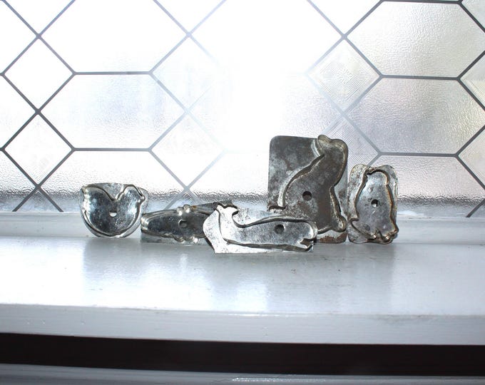 5 Primitive Antique Tin Cookie Cutters Whale Fish Duck Chicks