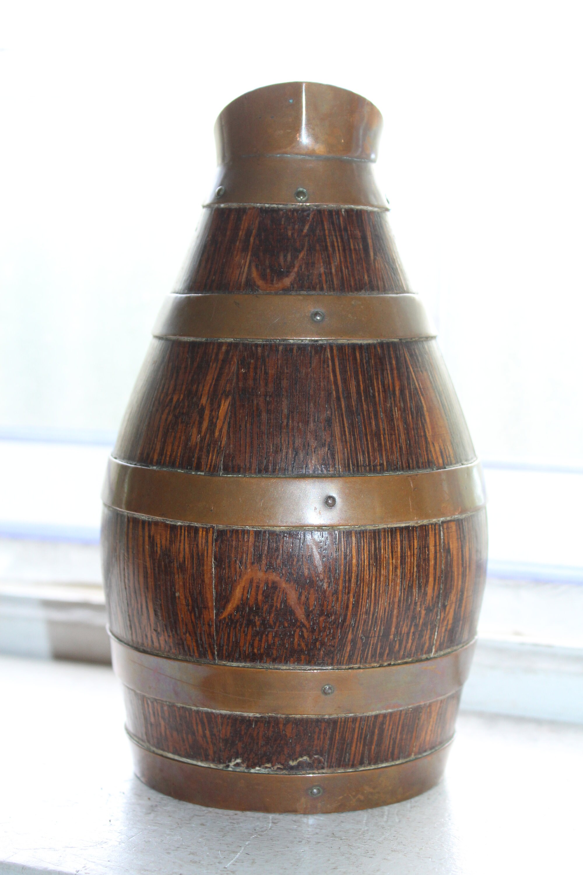 Antique French Wine Pitcher Barrel Carafe Oak and Copper