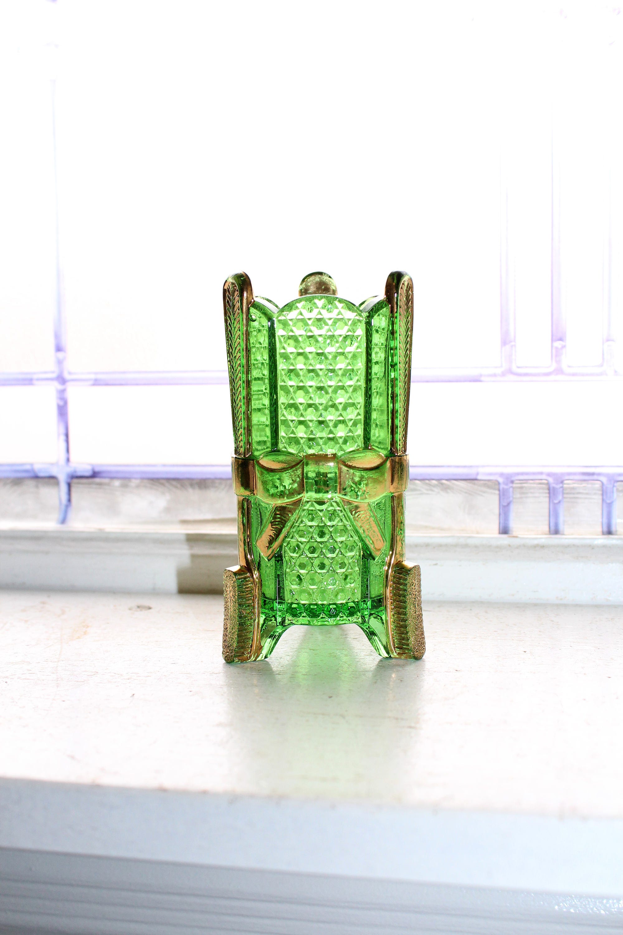 Antique Emerald Green Glass Toothbrush Holder w Gold Trim EAPG US Glass