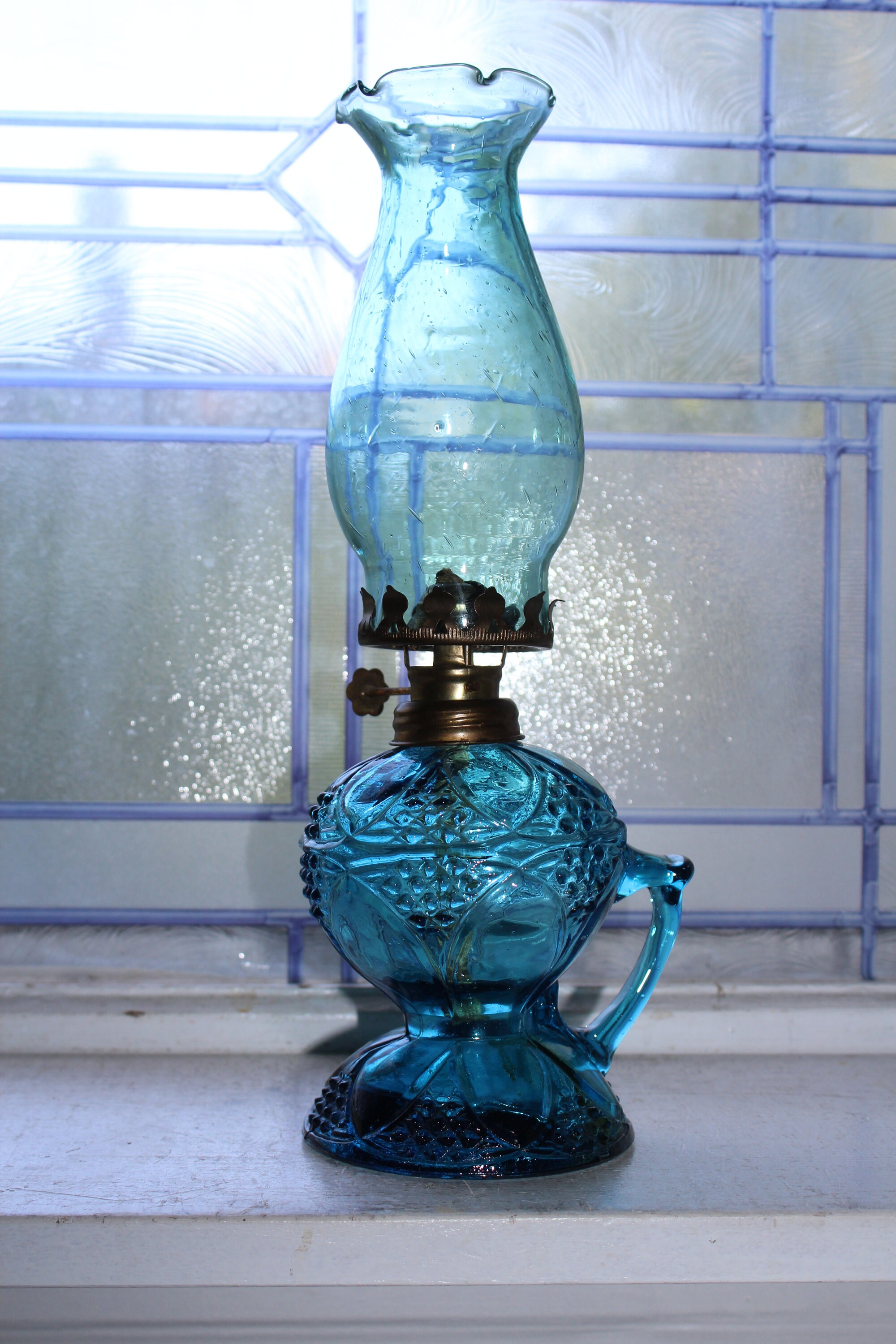Vintage Blue Glass Oil Lamp with Handle