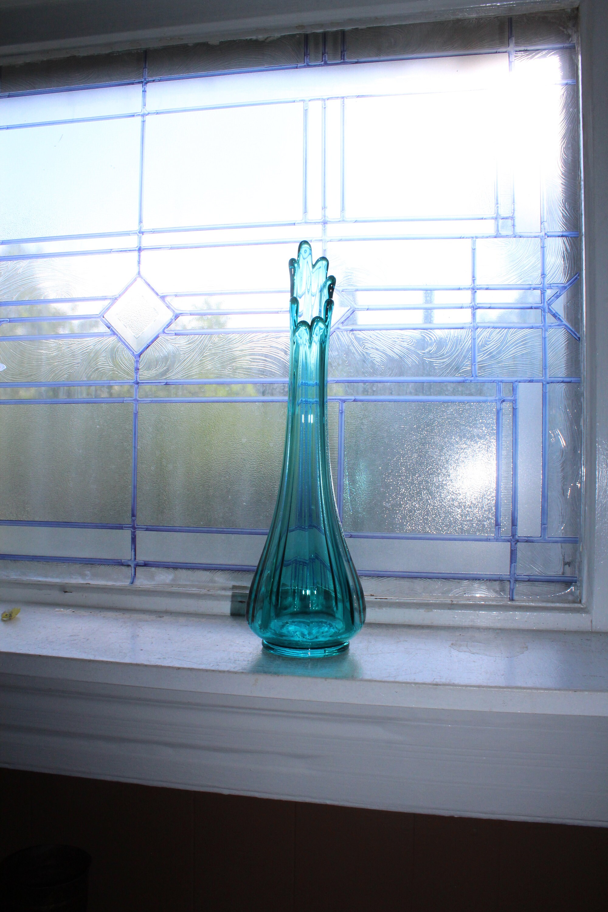 Large Blue Swung Glass Vase 13.75 Vintage Mid Century Modern
