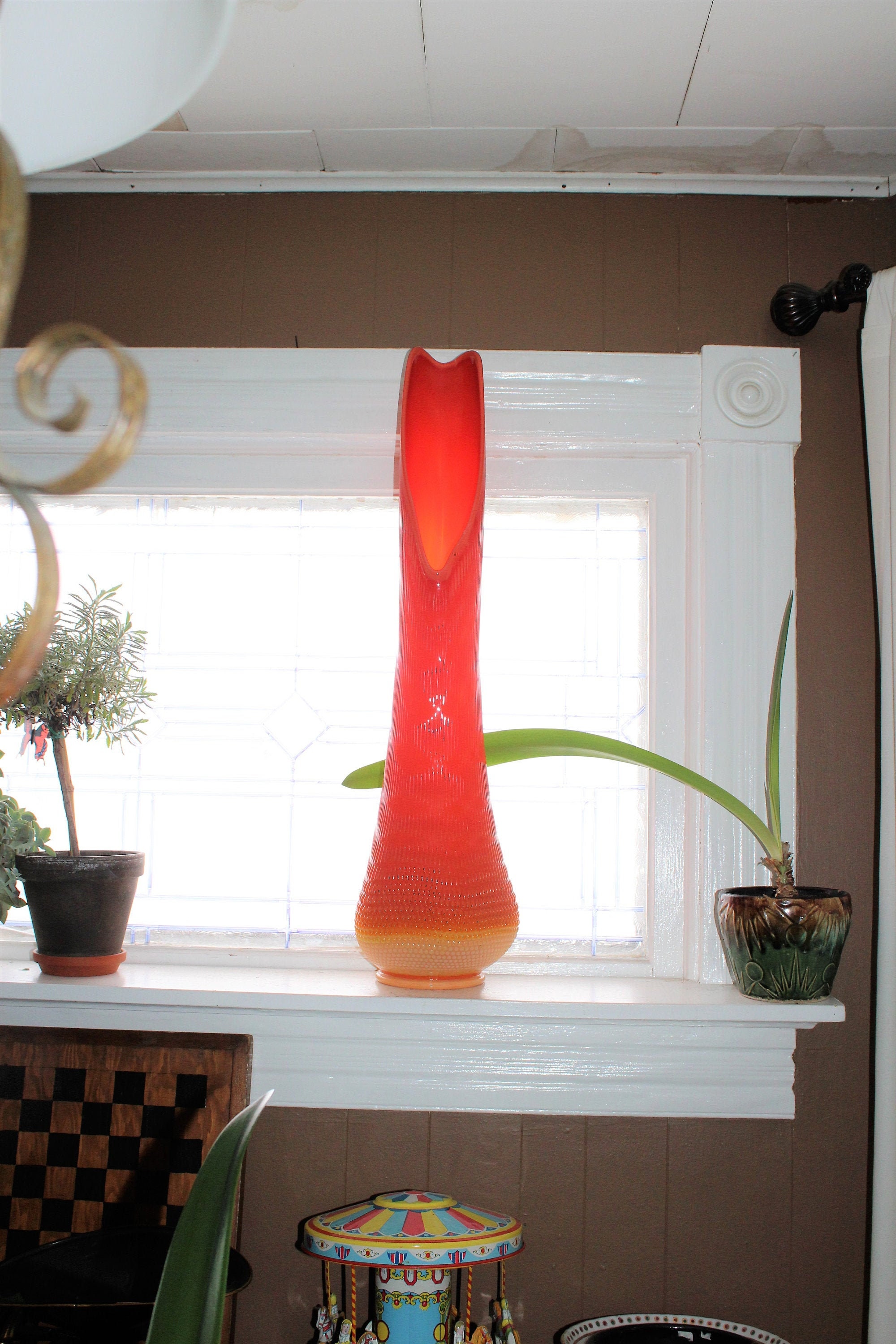 Huge 31 Orange Swung Glass Floor Vase Vintage Mid Century Modern