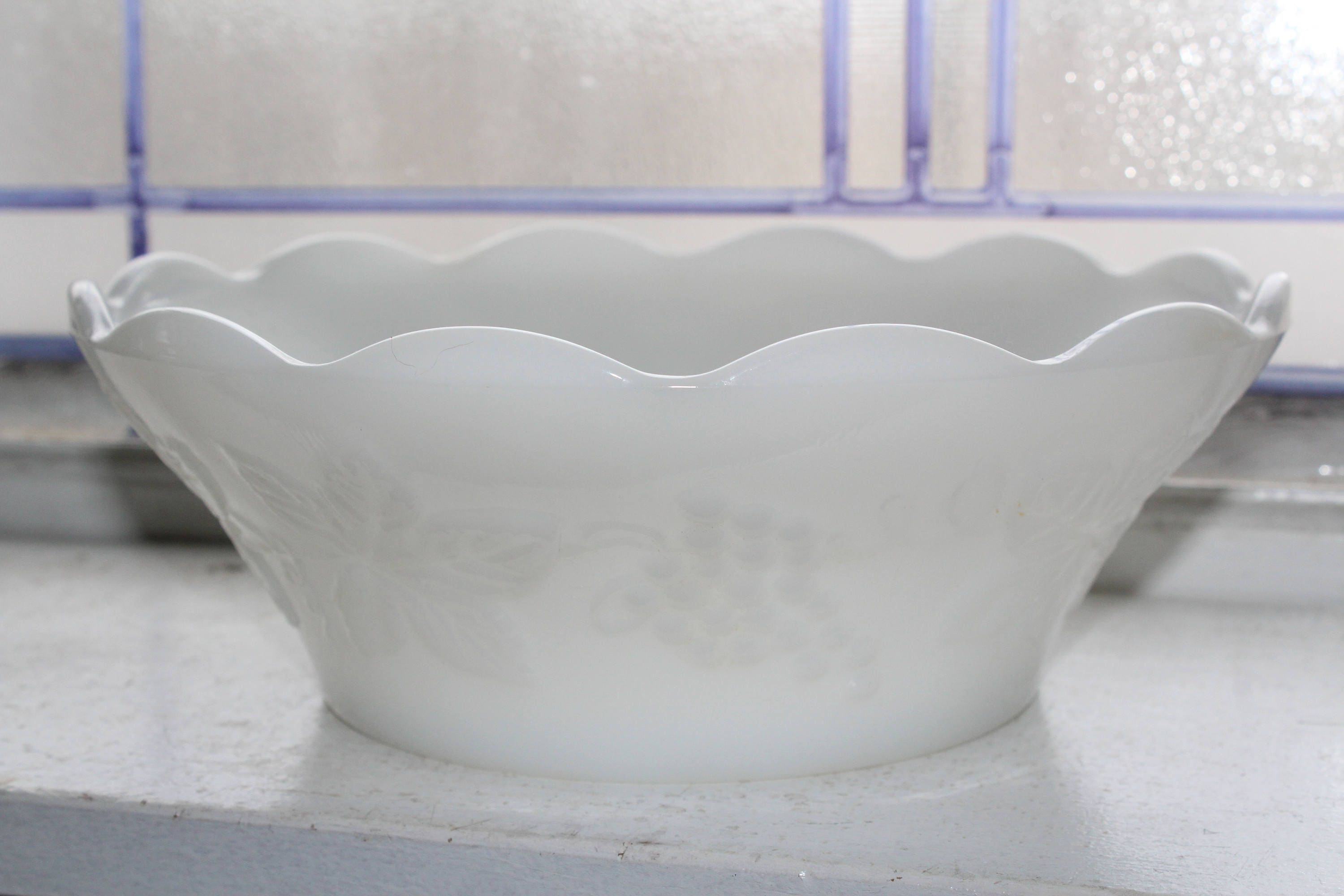 Large Vintage Milk Glass Fruit Bowl Grapes Pattern