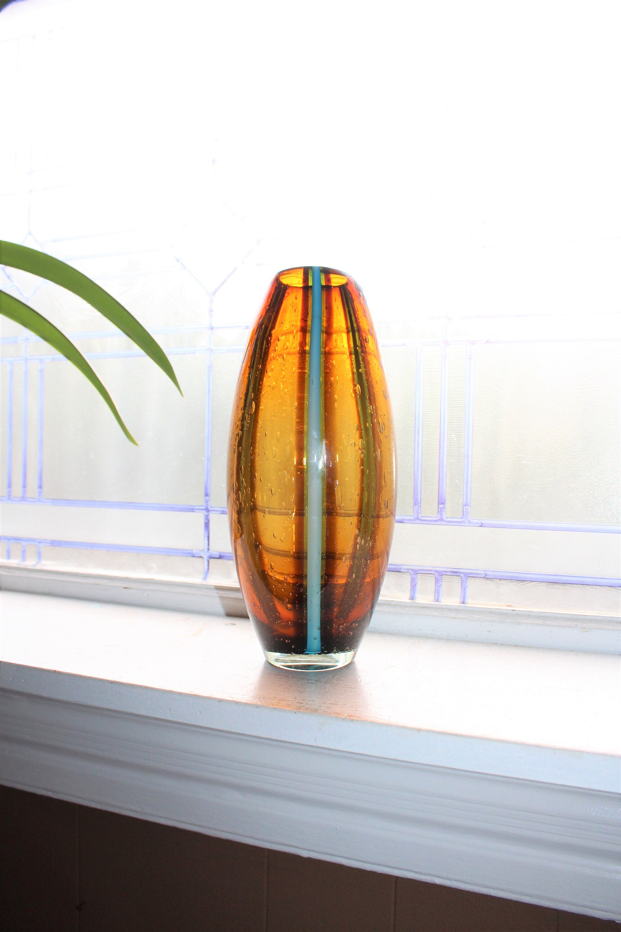 Large Amber Glass Vase Turquoise Stripes Vintage Art Glass 12.75