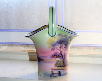 Vintage 1930er Jahre Noritake Korb Korb mit Handgemalter Country-Szene