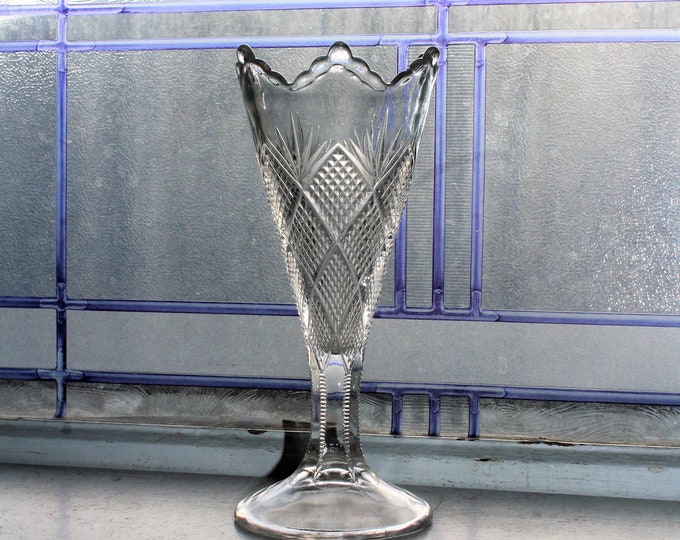 Antique EAPG Glass Trumpet Vase Diamond Panel Sunburst