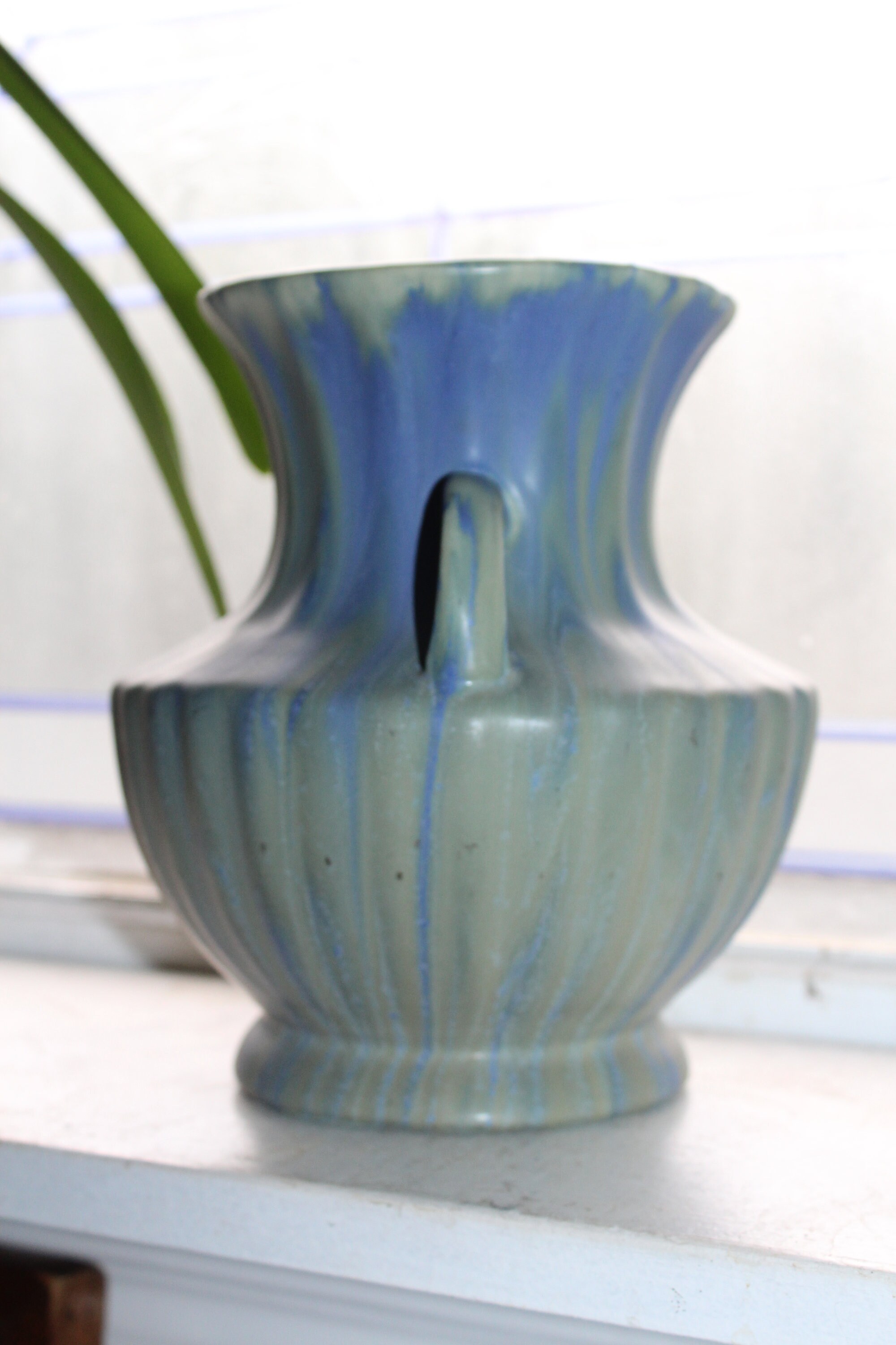 Vintage Art Pottery Ribbed Vase with Handles Blue and Green Drip Glaze