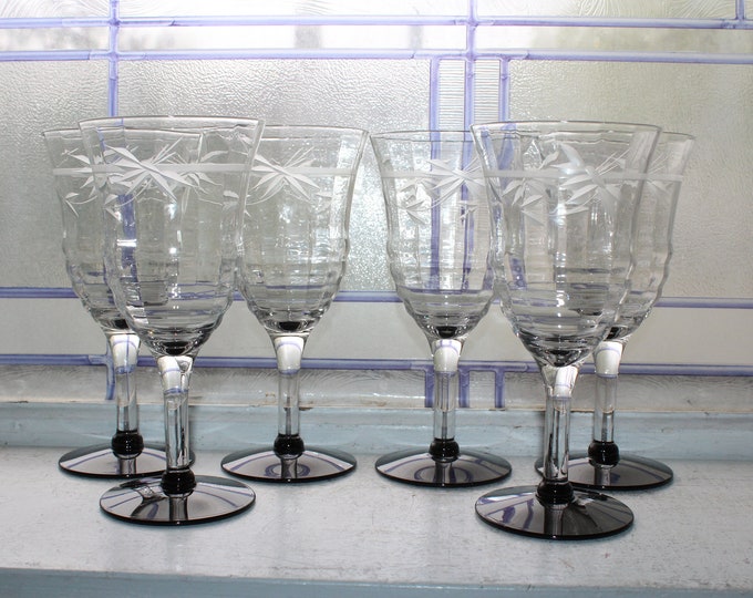 6 Art Deco Weston Optic Wine Glasses Etched with Black Bases