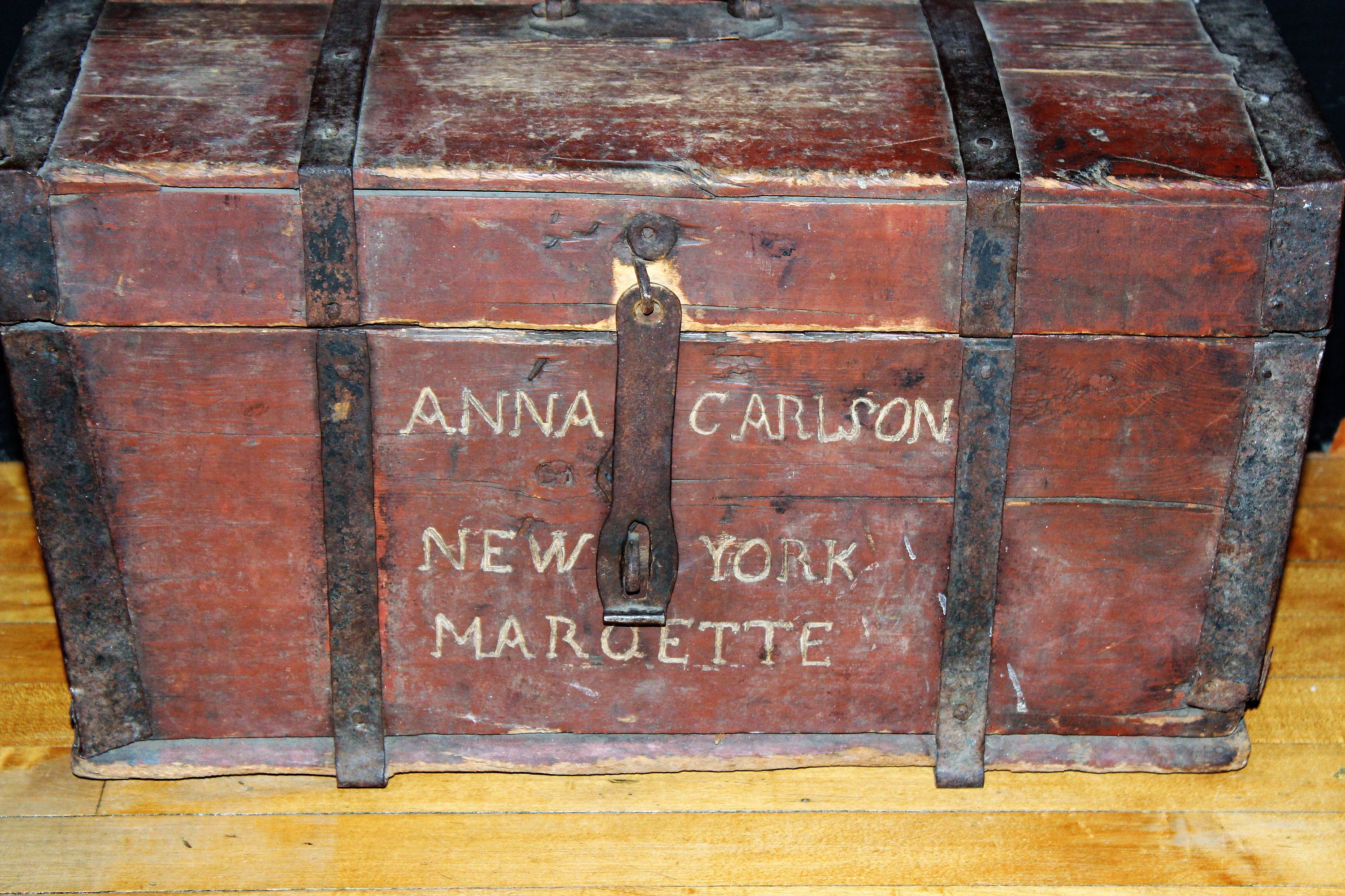 Antique 1800s Wood Trunk Immigrant Chest Original Red Paint New York