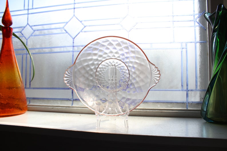 Pink Depression Glass Quilted Diamond Bowl with Handles Vintage 30s