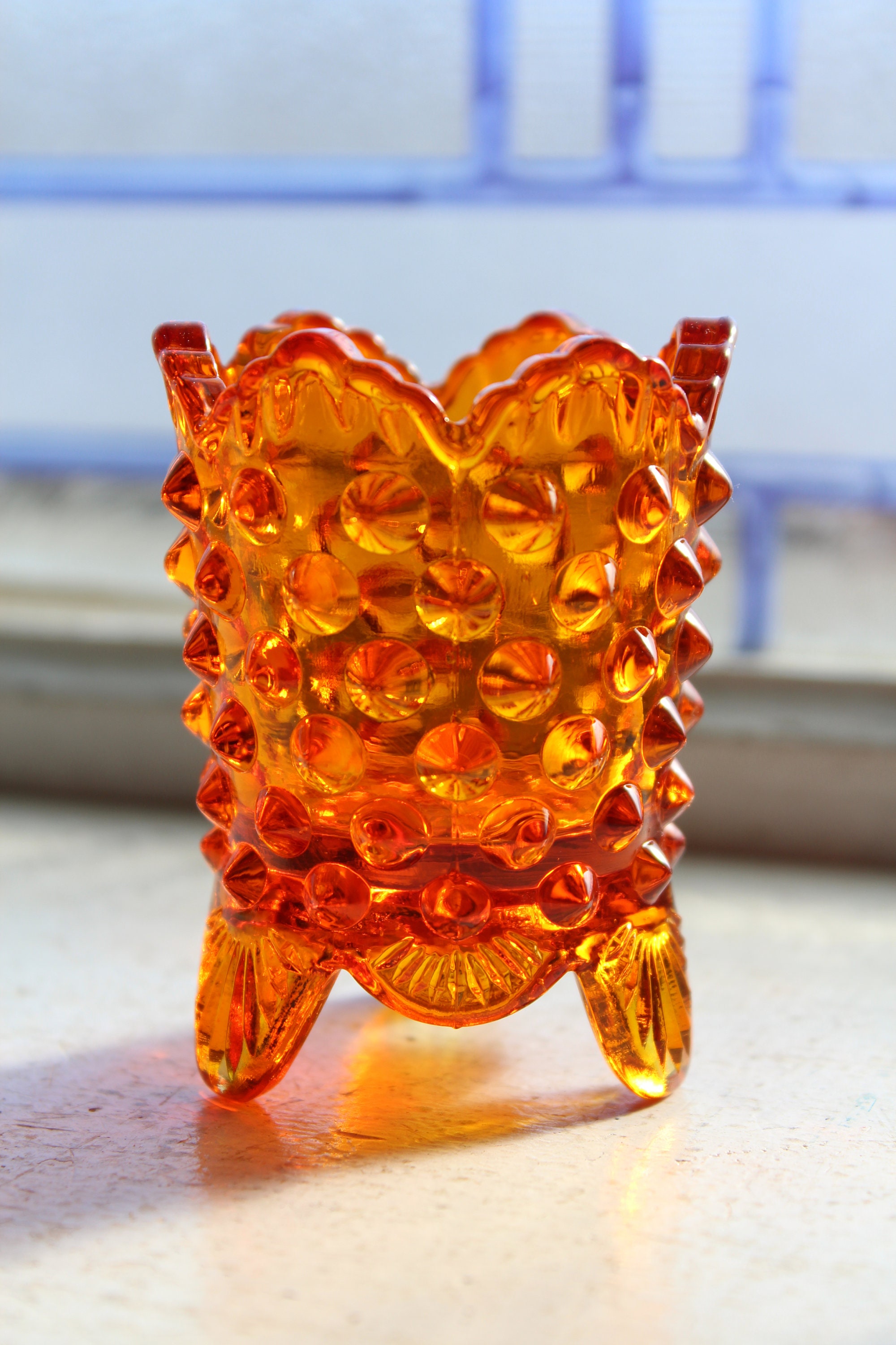 Vintage Footed Toothpick Holder Fenton Orange Glass Hobnail