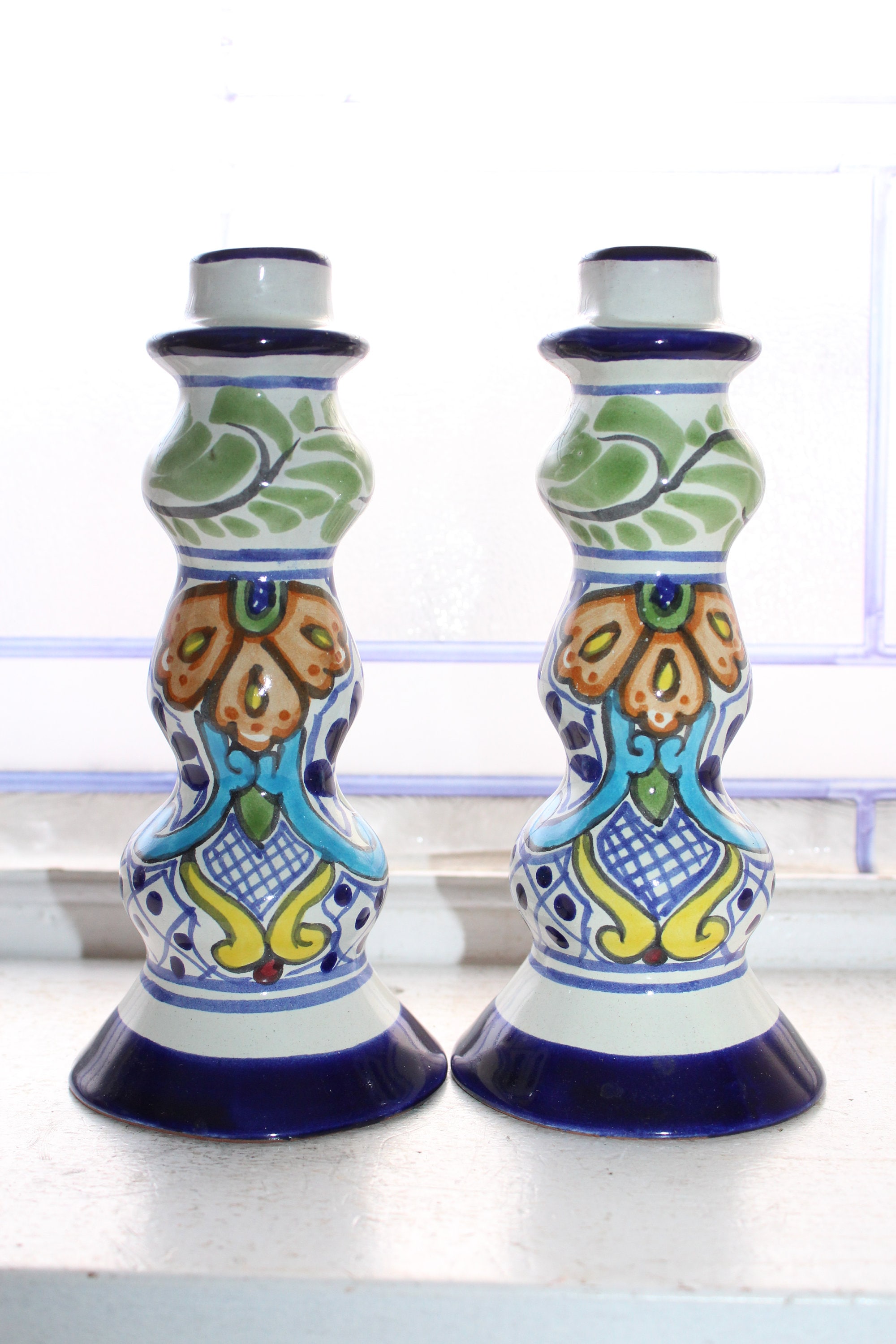 Colorful Pottery Candlestick Holders Pair Vintage Mexico