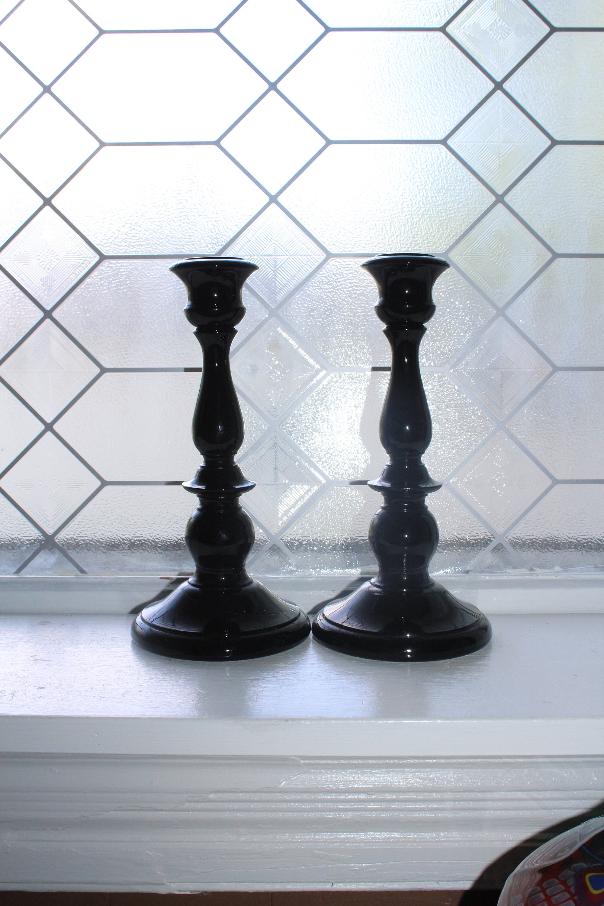 Large Black Ebony Glass Candlesticks Pair Vintage Candle Holders