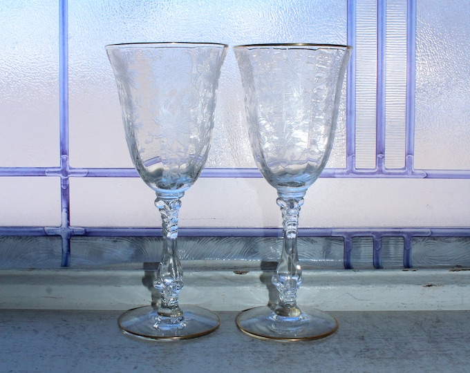 2 Cambridge Wildflower Etched Claret Wine Glasses with Gold Trim 1940s