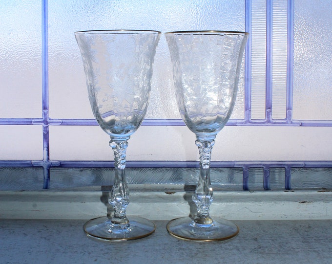 2 Cambridge Wildflower Etched Claret Wine Glasses with Gold Trim 1940s