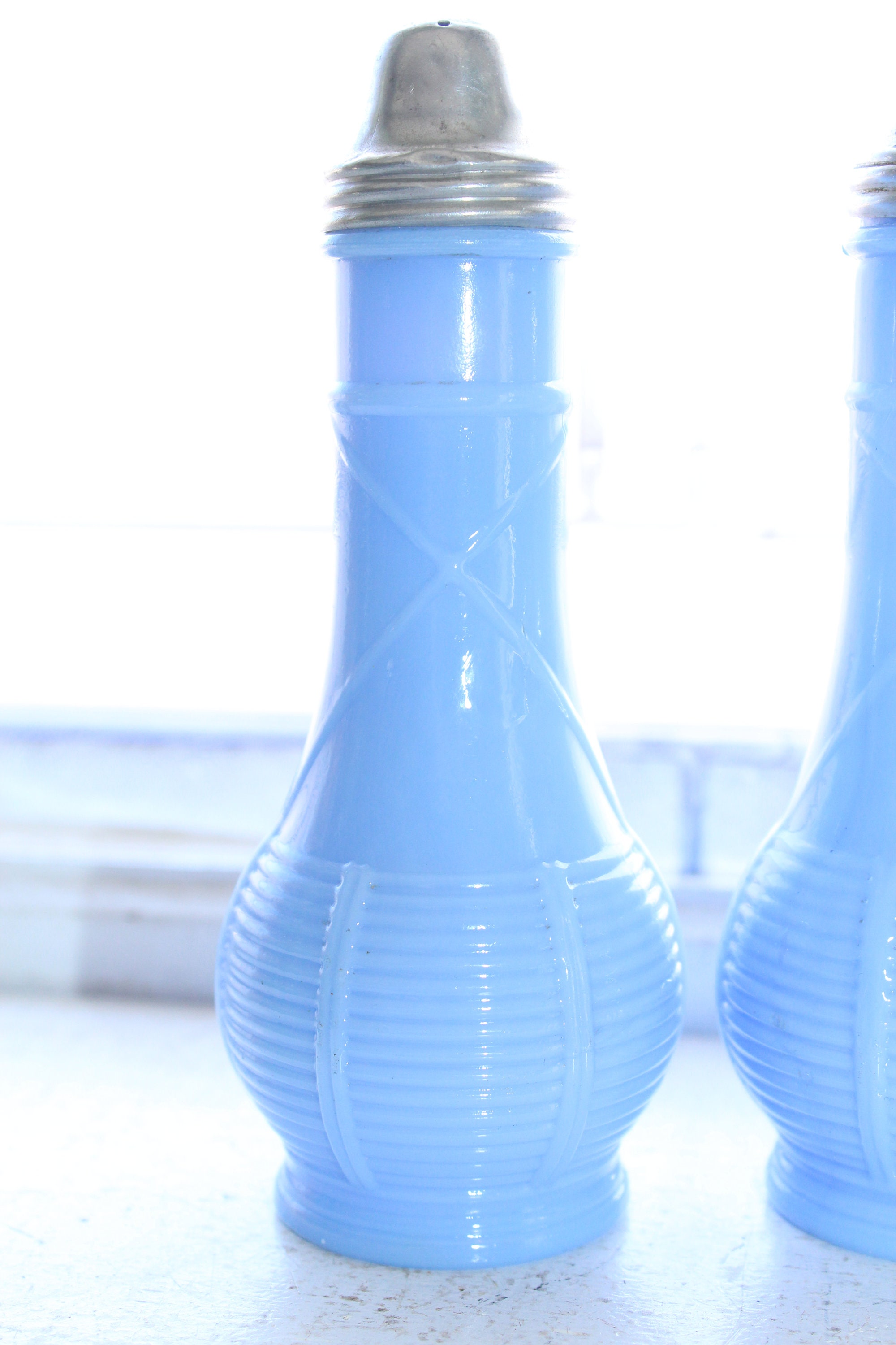 Blue Depression Glass Salt and Pepper Shakers 1930s Delphite