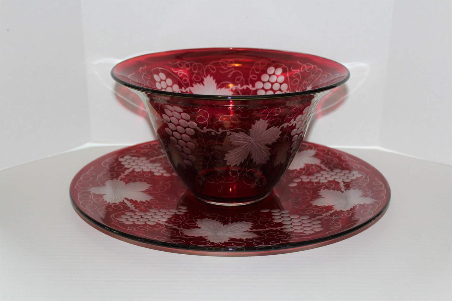 Bohemian Glass Punch Bowl and Underplate Ruby Red Flash with Grapes