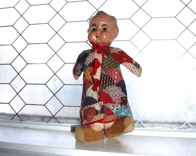 Antique Creepy Doll with Google Eyes and Wooden Shoes 1920s