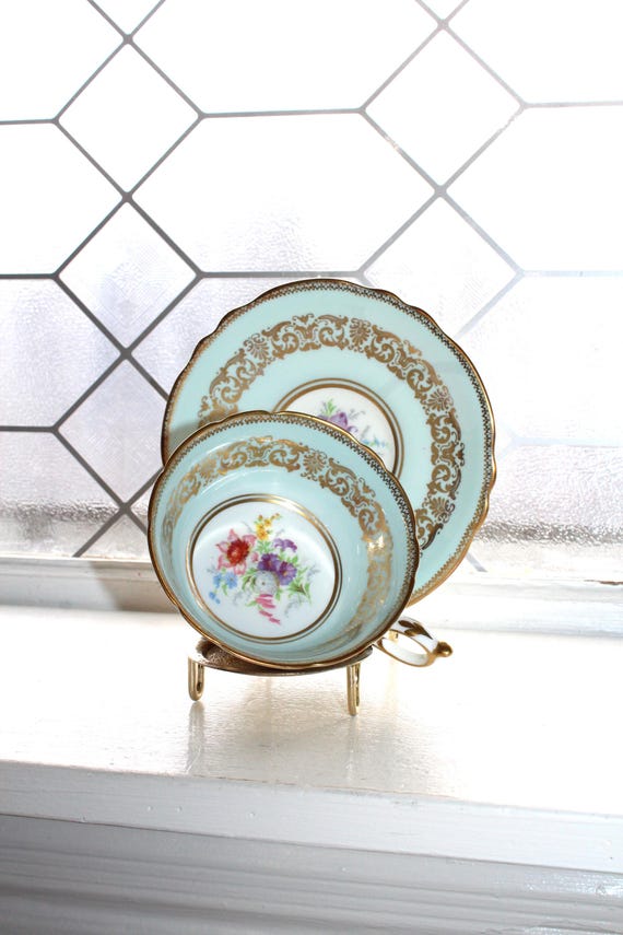Vintage Paragon Bone China Tea Cup and Saucer Pastel Blue with Bouquet & Gold